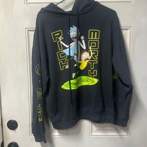 Large Rick and Morty Adult Swim dark gray sweatshirt with a hood.